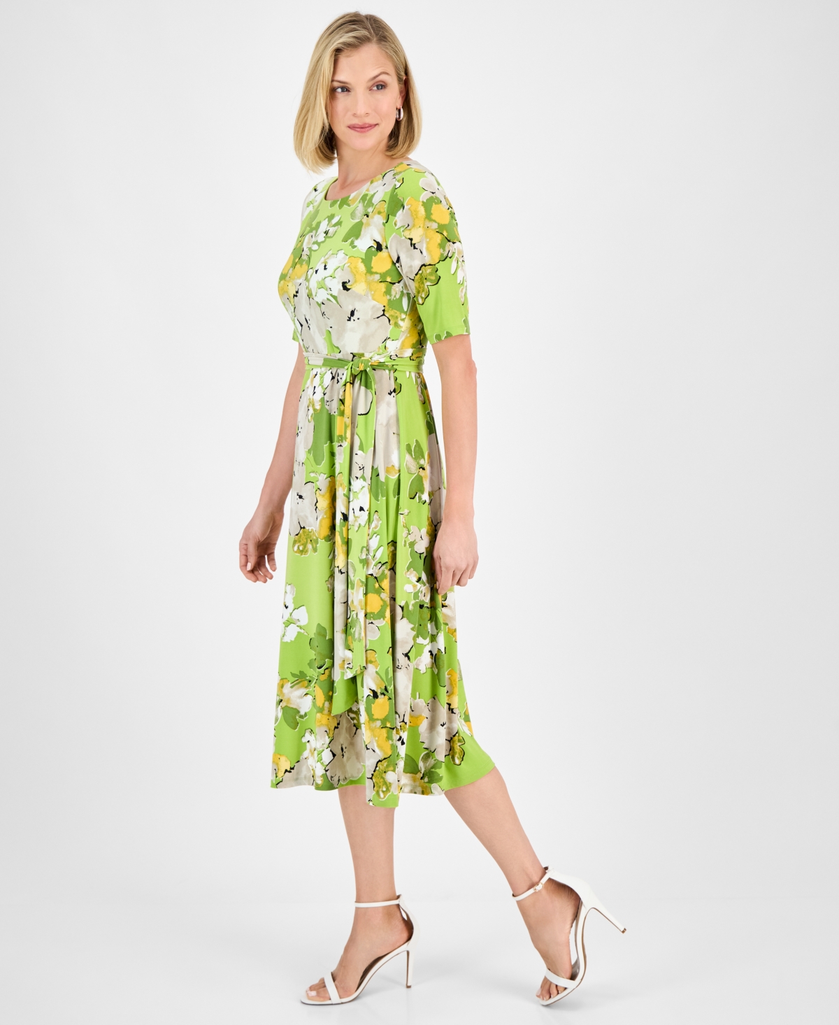Kasper Plus Size Printed Tie-waist Midi Dress In Kiwi Multi