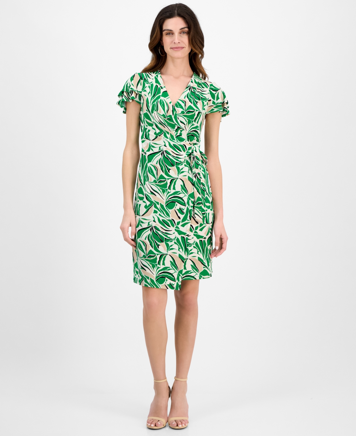 Anne Klein Abstract Print Flutter Sleeve Wrap Dress In White
