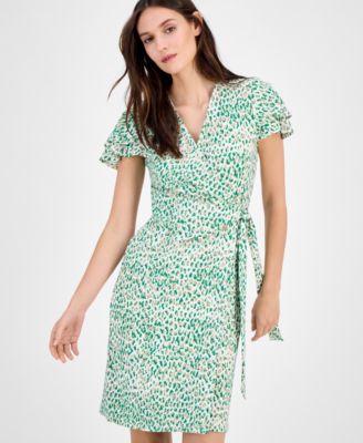 Women's Faux-Wrap Flutter-Sleeve Print Dress