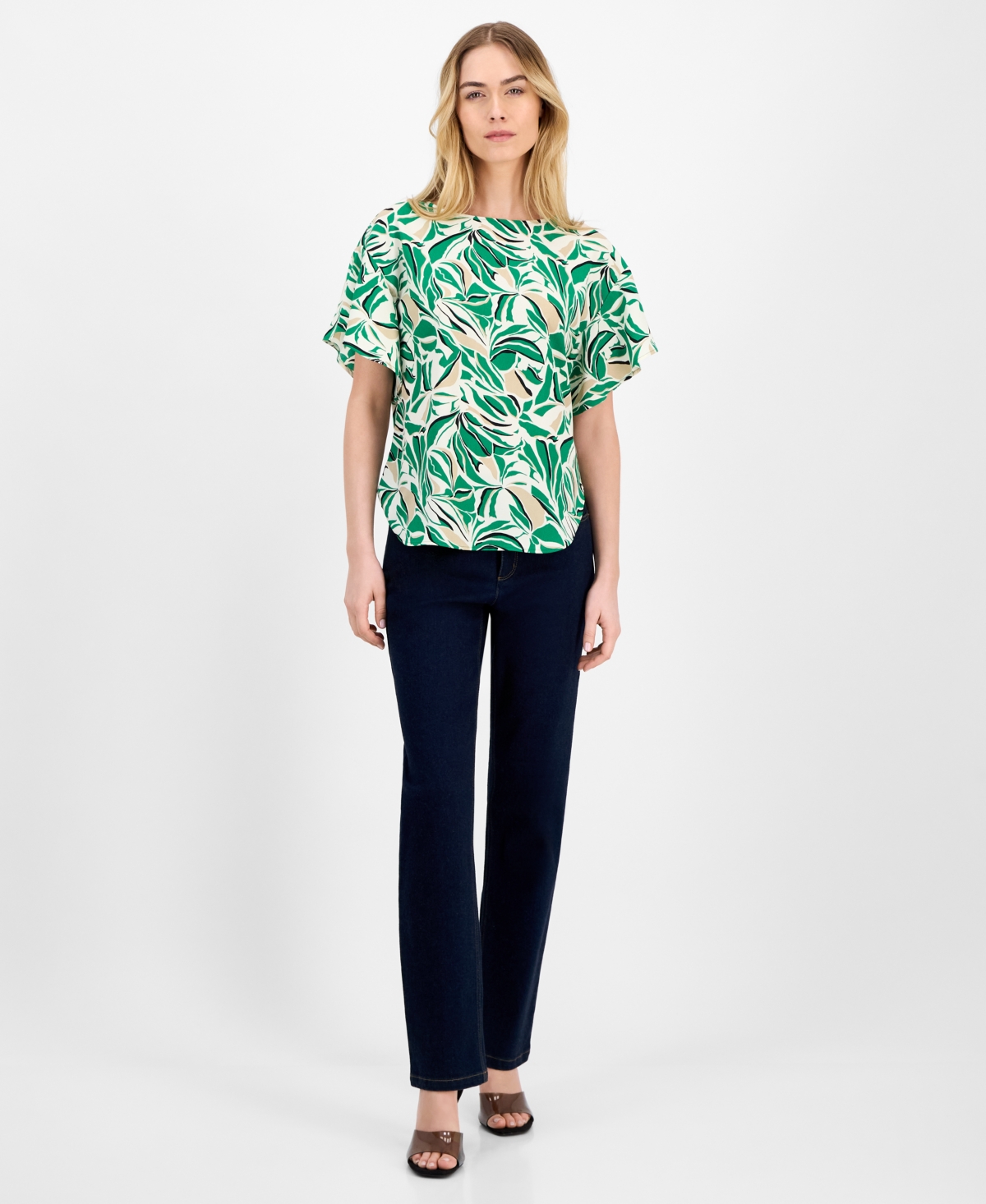 Anne Klein Boat Neck Flutter Sleeve Top In Tropical Green Multi