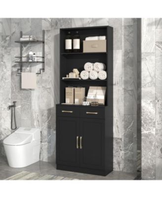 Bathroom Storage Cabinet, Cabinet with Two Doors and Drawers, Adjustable Shelf, Three-layer Open Shelf, MDF Board, Black