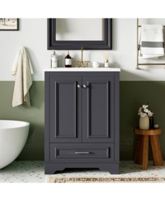 24" Freestanding Soft-Close Doors & Silver Handles – Modern Storage Bathroom Cabinet Vanity with Ceramic Sink