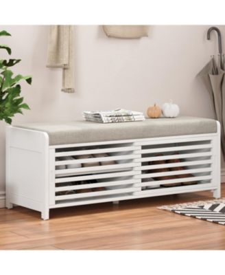 Streamdale Distressed Shutter Storage Bench with Acacia Veneer for Retro Charm for Living Room, Entryway (White)