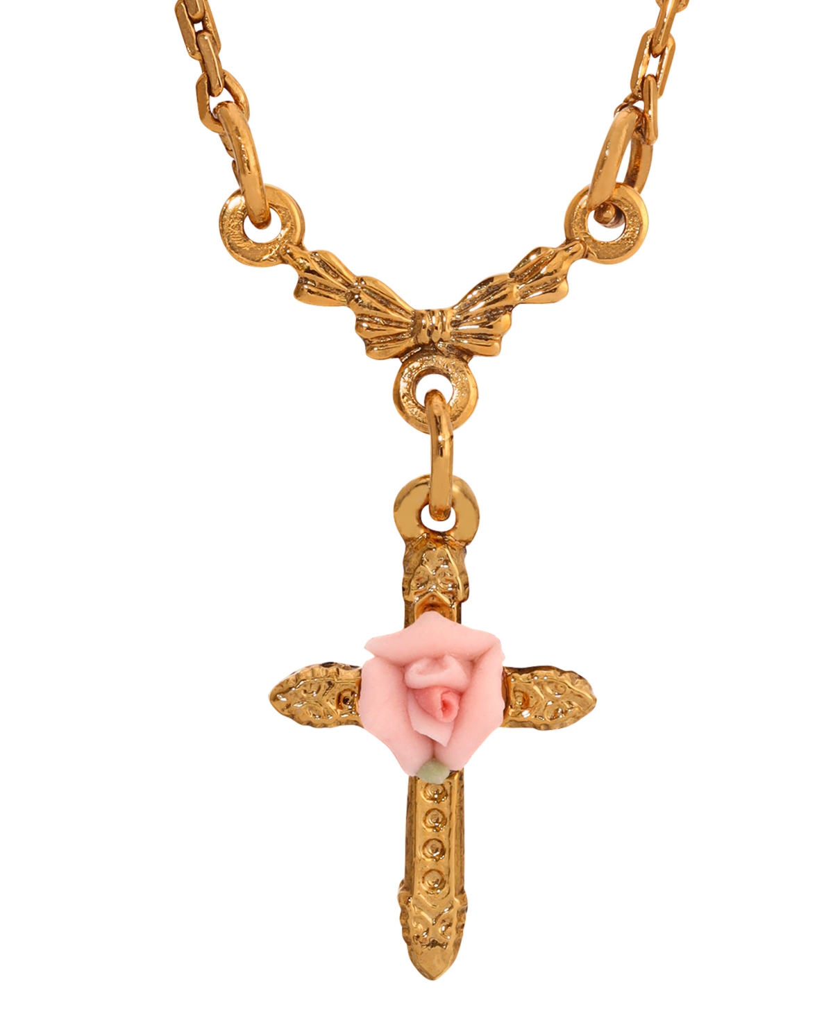 2028 Pink Porcelain Rose Cross Necklace In Pink