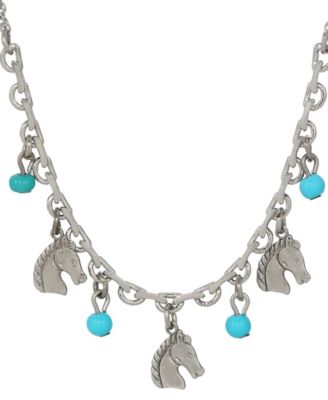 Silver-Tone Horse Turquoise Acrylic Bead Necklace