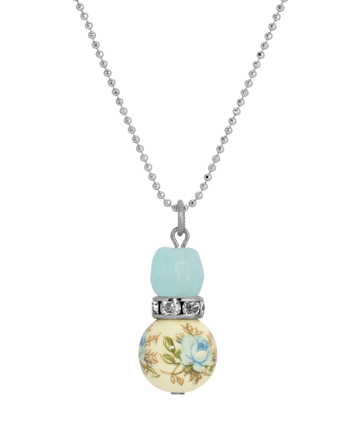 Silver-Tone Blue Rose Bead Drop Necklace - Blue