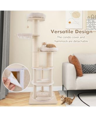 Wooden Cat Tower Tree with 2-Story Condo & Washable Cushions Stylish & Cozy Multi-Level Cat Furniture