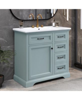36" Rubberwood & MDF Tip-Out Drawers & Soft-Close Doors Bathroom Vanity with Ceramic Sink