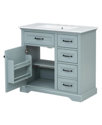 36" Rubberwood & MDF Tip-Out Drawers & Soft-Close Doors Bathroom Vanity with Ceramic Sink