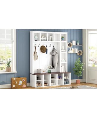 Streamdale Farmhouse Hall Tree with 6 Hooks, Adjustable Shelves, Shoe Cabinet, Mudroom Storage, 76.7
