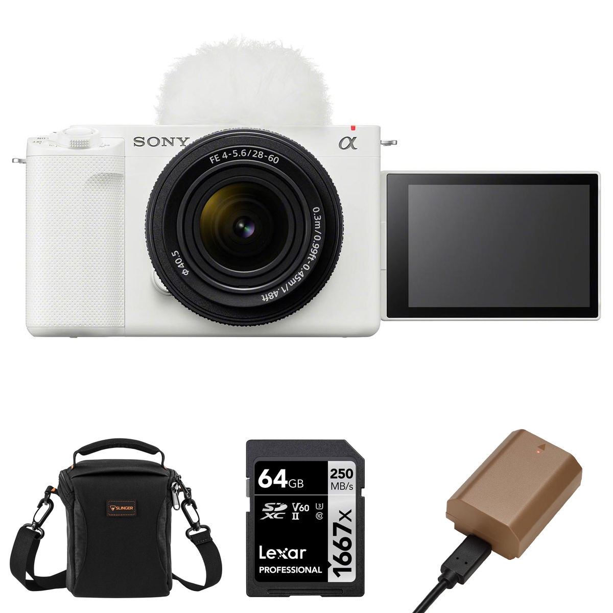 Sony Sony Zv-E1 Full-Frame Interchangeable Lens Mirrorless Vlog Camera with Fe 28-60mm f/4-5.6 Lens, White - Bundle with Shoulder Bag, 64GB Sd Card,