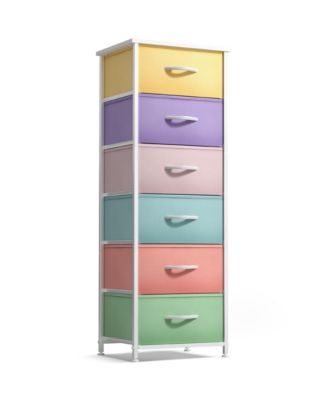 Narrow 6 Drawers Nightstand with Steel Frame, Wood Top, Easy Pull Fabric Bins