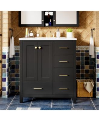 30" Wood Vanity Cabinet Set with Ceramic Sink, Drawers, and Soft-Close Doors