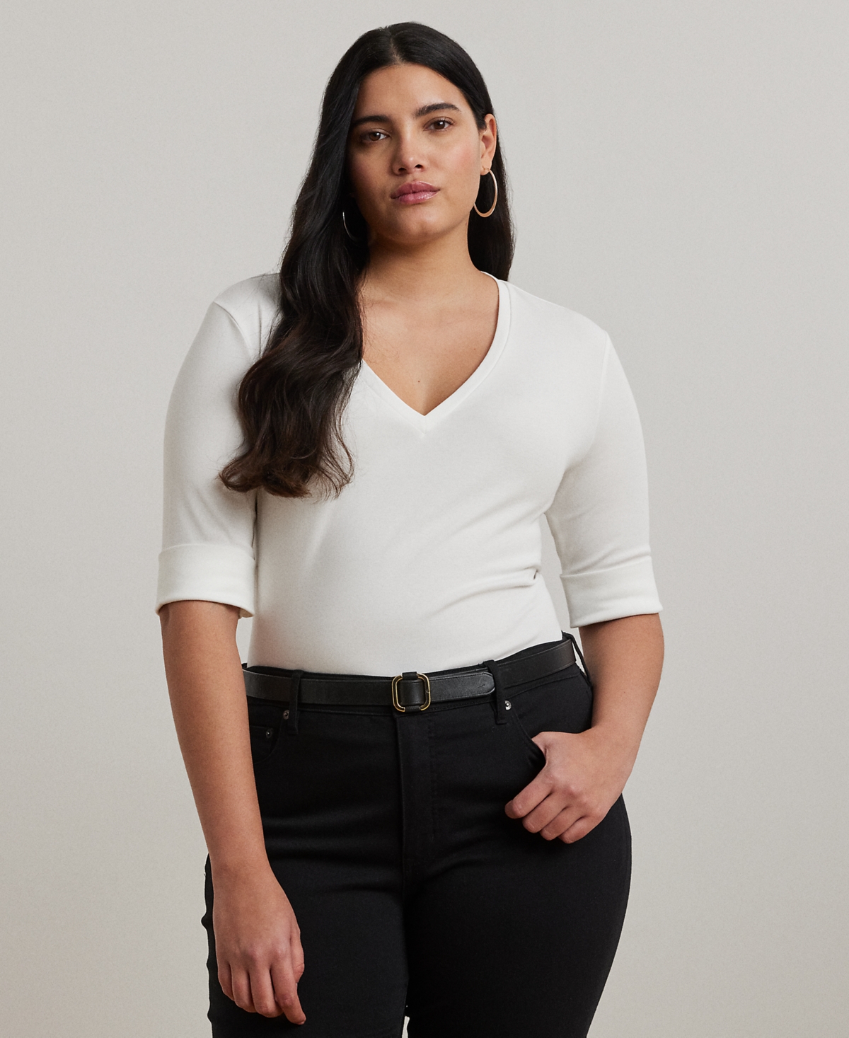 Shop Ralph Lauren Plus Size Stretch Cotton Elbow-sleeve V-neck Tee In White