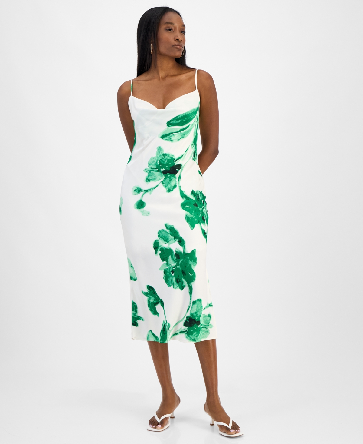 Women's Printed Satin Cowlneck Dress, Exclusively at Macy's - Green Chili Multi