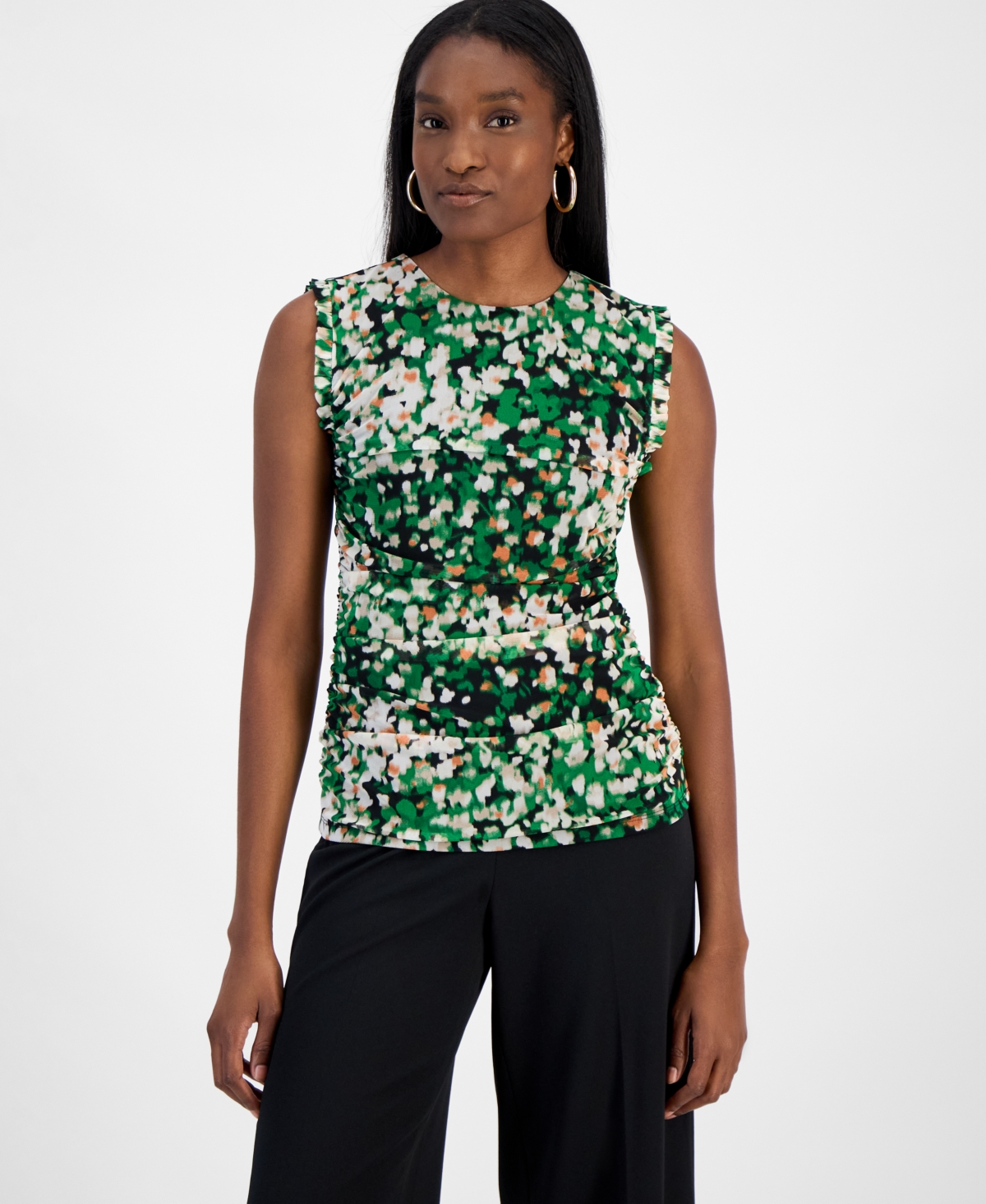 Women's Abstract Printed Mesh Sleeveless Blouse, Exclusively at Macy's - Black Multi