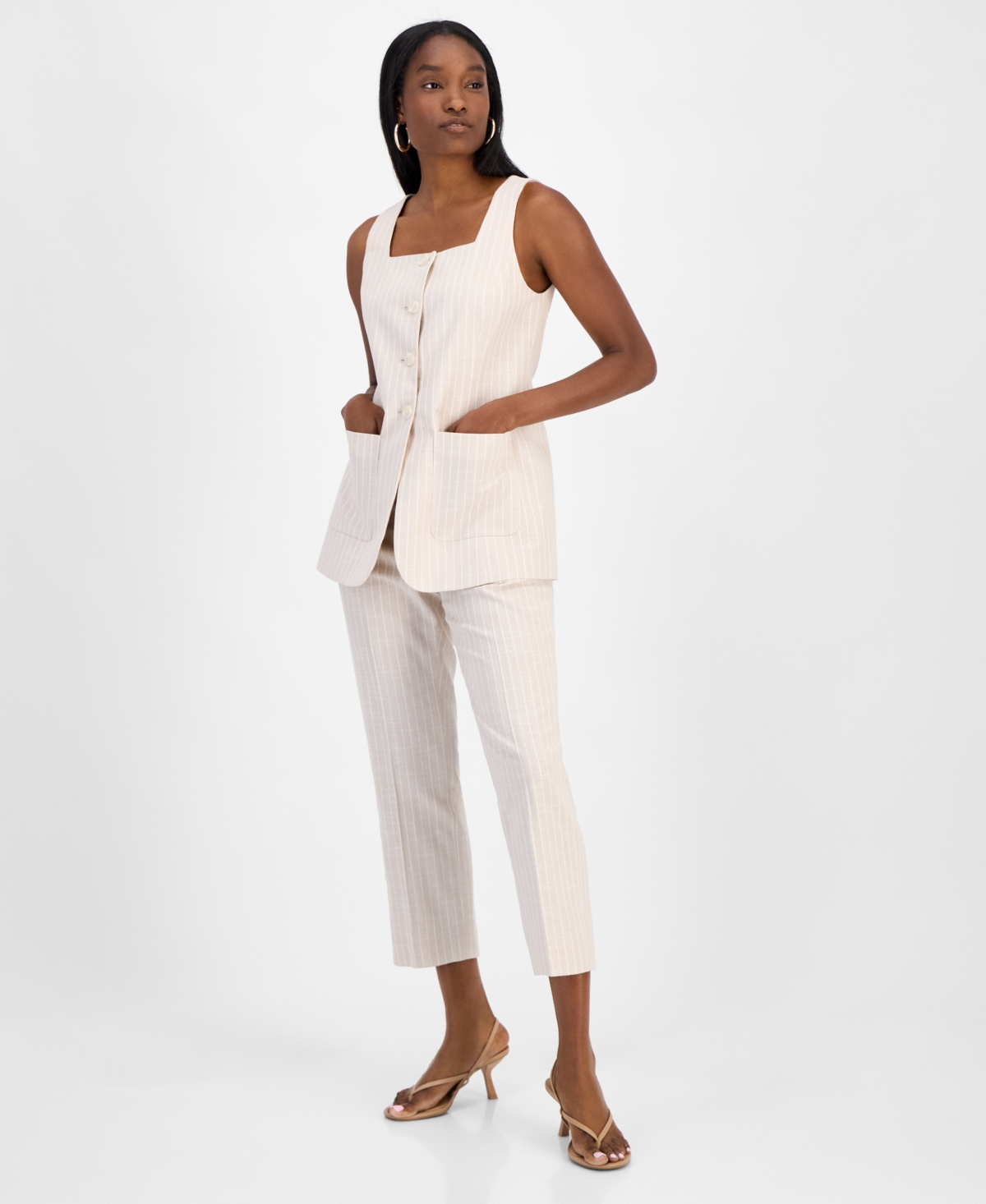 Bar Iii Womens Striped Straight Leg Pants Square Neck Vest Exclusively At Macys In Barley Field,blanc