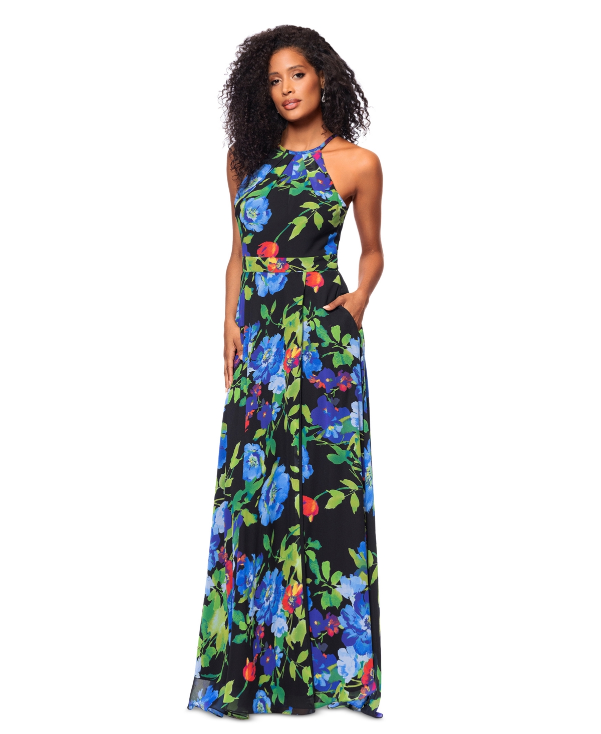 BETSY & ADAM BETSY & ADAM PETITE PRINTED PLEATED SLEEVELESS DRESS 