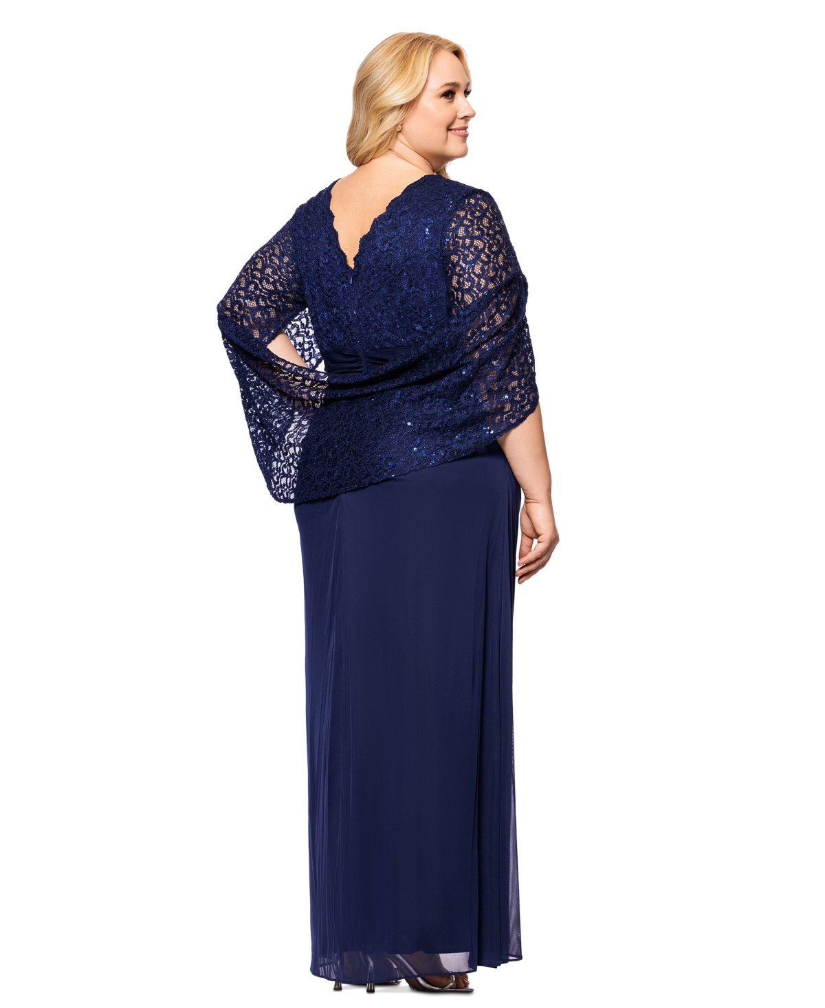 BETSY & ADAM BETSY & ADAM PLUS SIZE LACE-CAPE-SLEEVE EMBELLISHED GOWN 