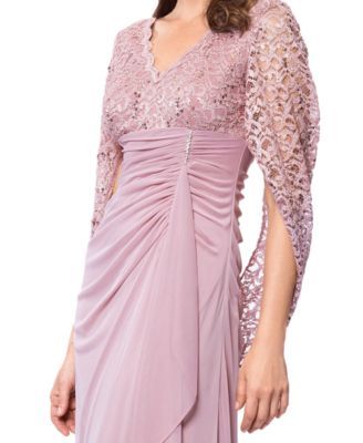 B&A By Betsy & Adam Petite Draped Lace Back Gown