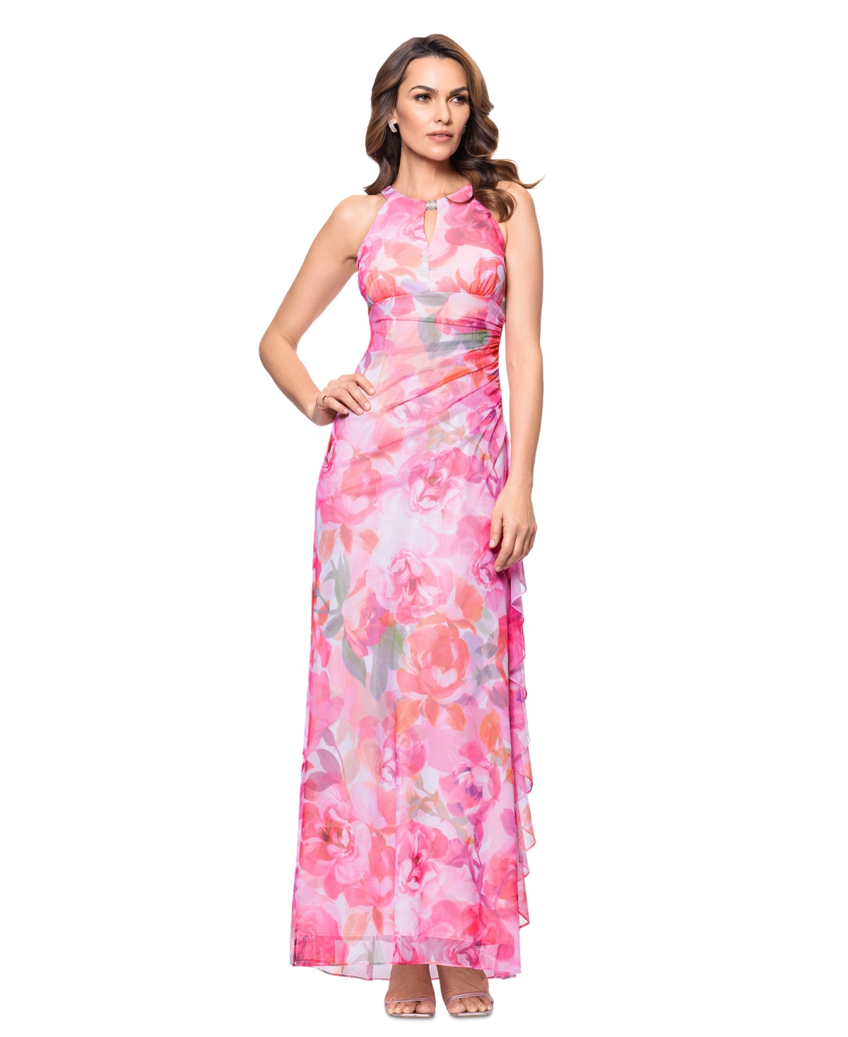 Shop Betsy & Adam Petite Printed Mesh Halter Dress In Pink,multi