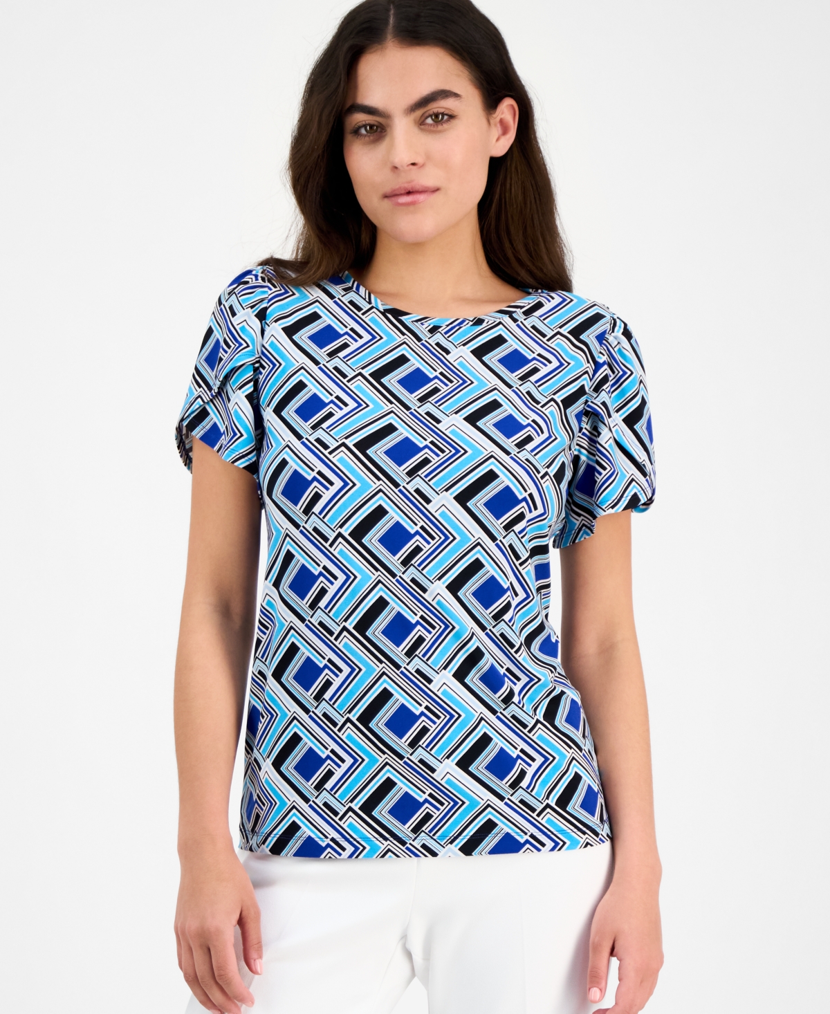 Ak Anne Klein Petite Geo-print Tulip-sleeve Top In Santorini Blue Multi