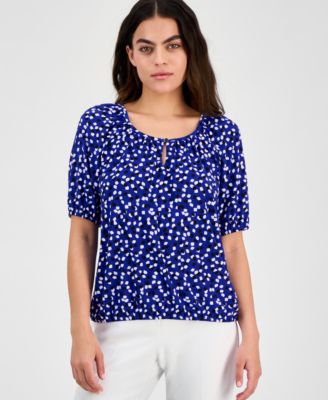 AK Anne Klein - Women's Printed Elbow-Sleeve Keyhole Blouse