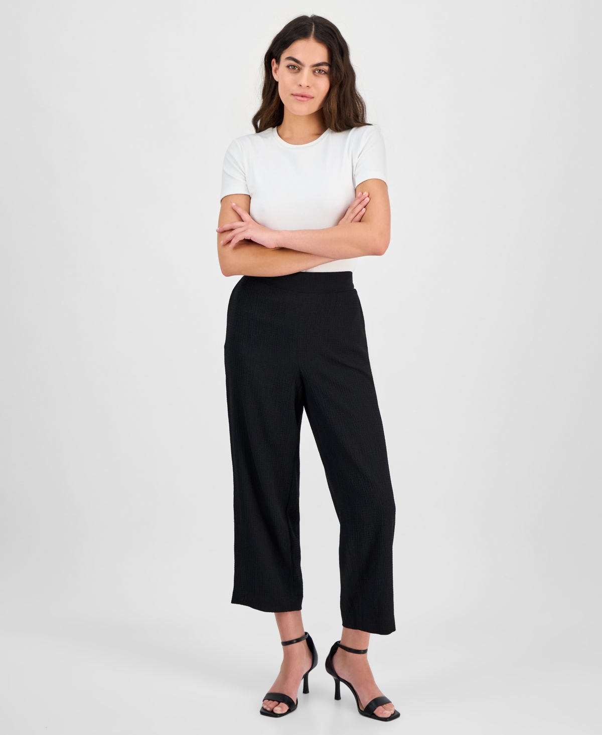 Ak Anne Klein Petite Solid Wide-leg Pull-on Knit Pants In Anne Black