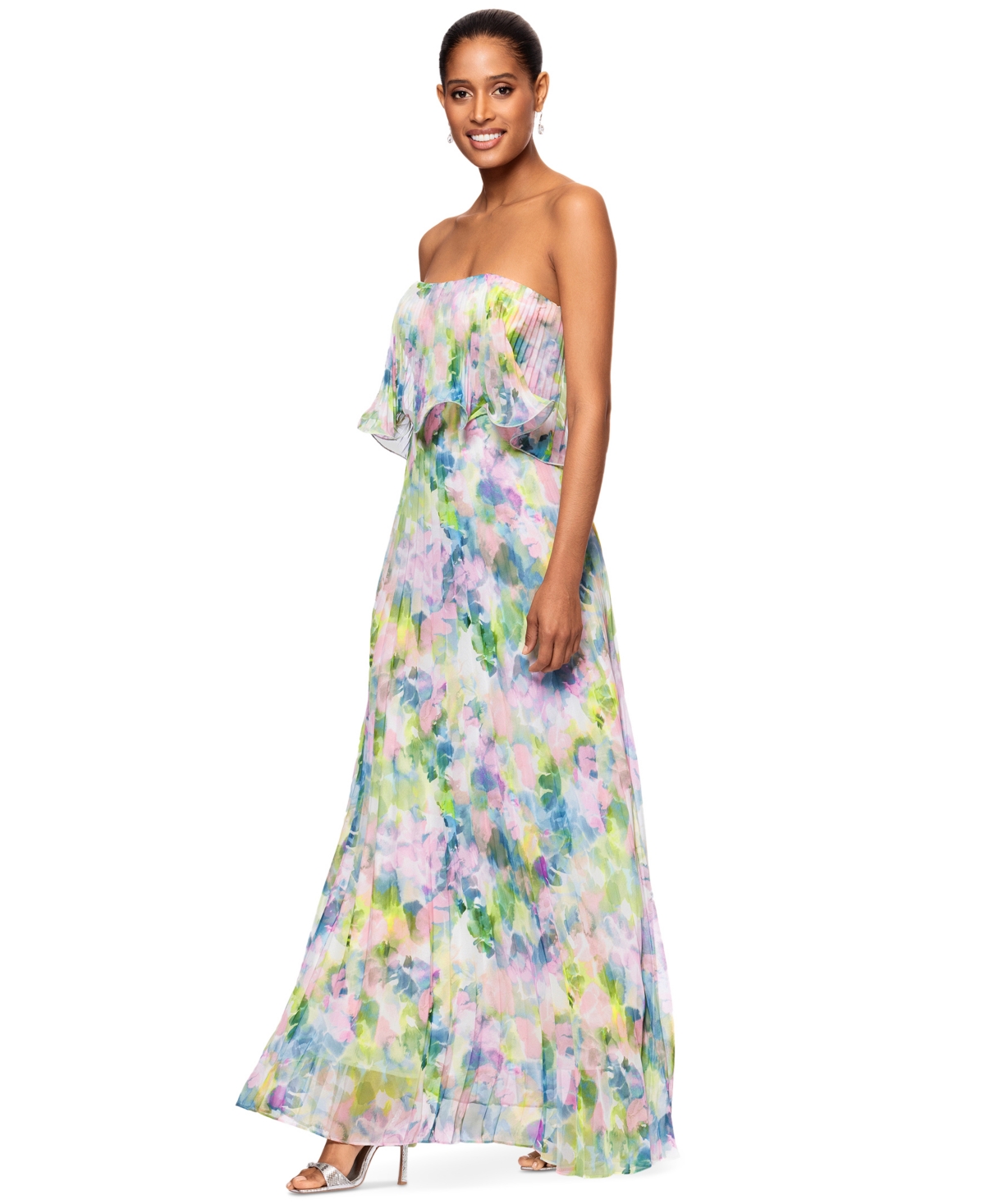 BETSY & ADAM WOMEN'S PRINTED PLEATED STRAPLESS GOWN 