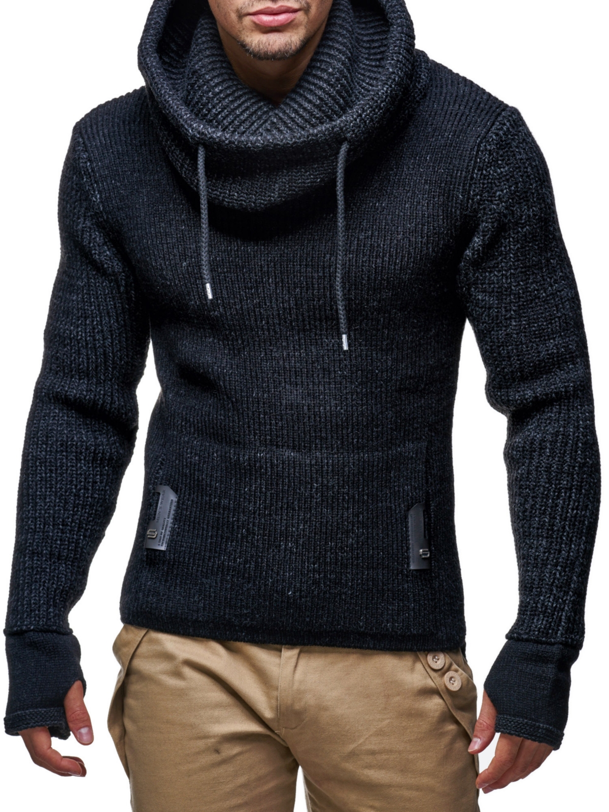 Leif Nelson Men's Cowl Neck Knitted Pullover with Thumbhole Cuffs