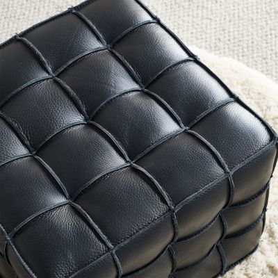 17.32"W Genuine Leather Tufted Ottoman,Footstool for Living Room & Bedroom,Black Color