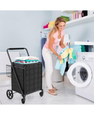 Folding Grocery Cart with Wheels, Basket, and Waterproof Liner for Easy Transport