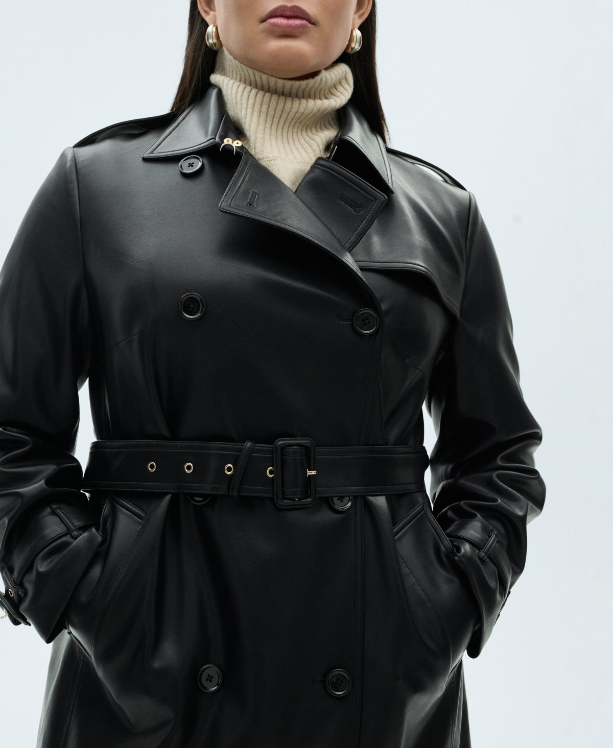 Mango Double Breasted Belted Faux Leather Trench Coat In Black