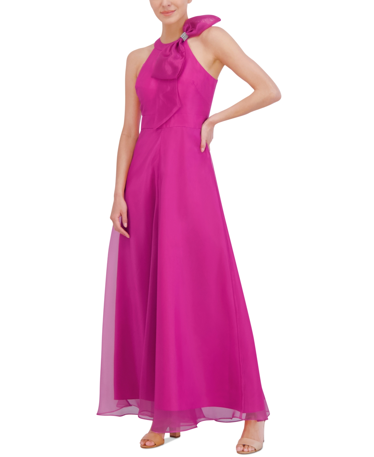 Shop Eliza J Petite Organza Bow-trim Halter Jumpsuit In Fuchsia