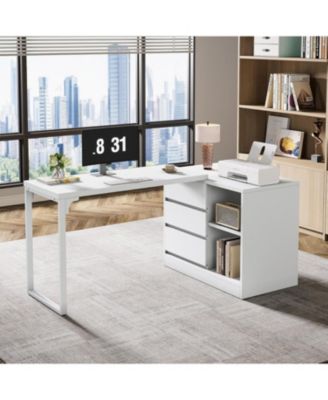 L-Shaped Computer Desk with Drawers and Shelves, Reversible White Corner Office Desk with Storage Cabinet, Study Writing Table for Home Office, Bedroom
