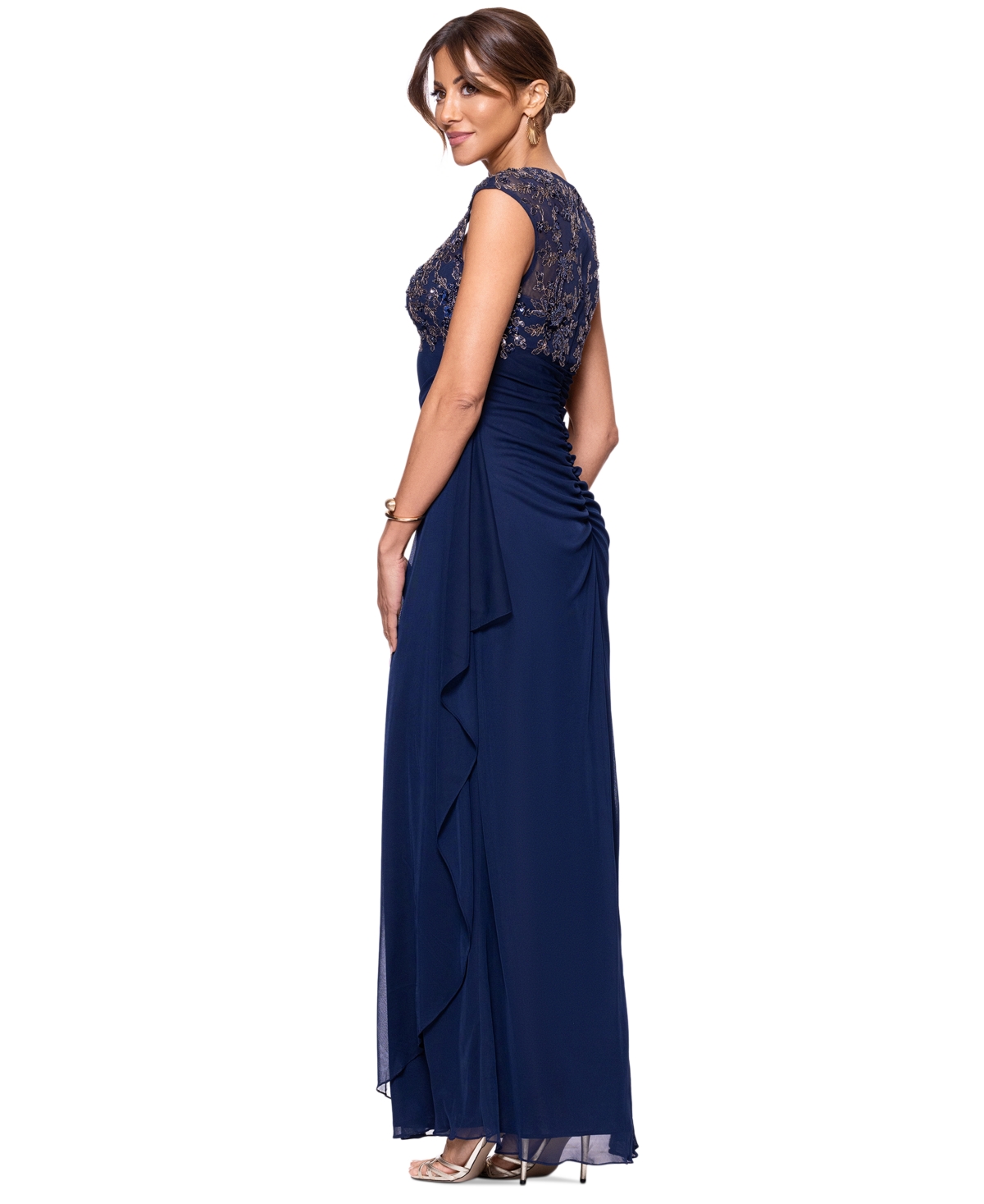 Xscape Petite Beaded Ruched-back Gown In Navy,gunmetal