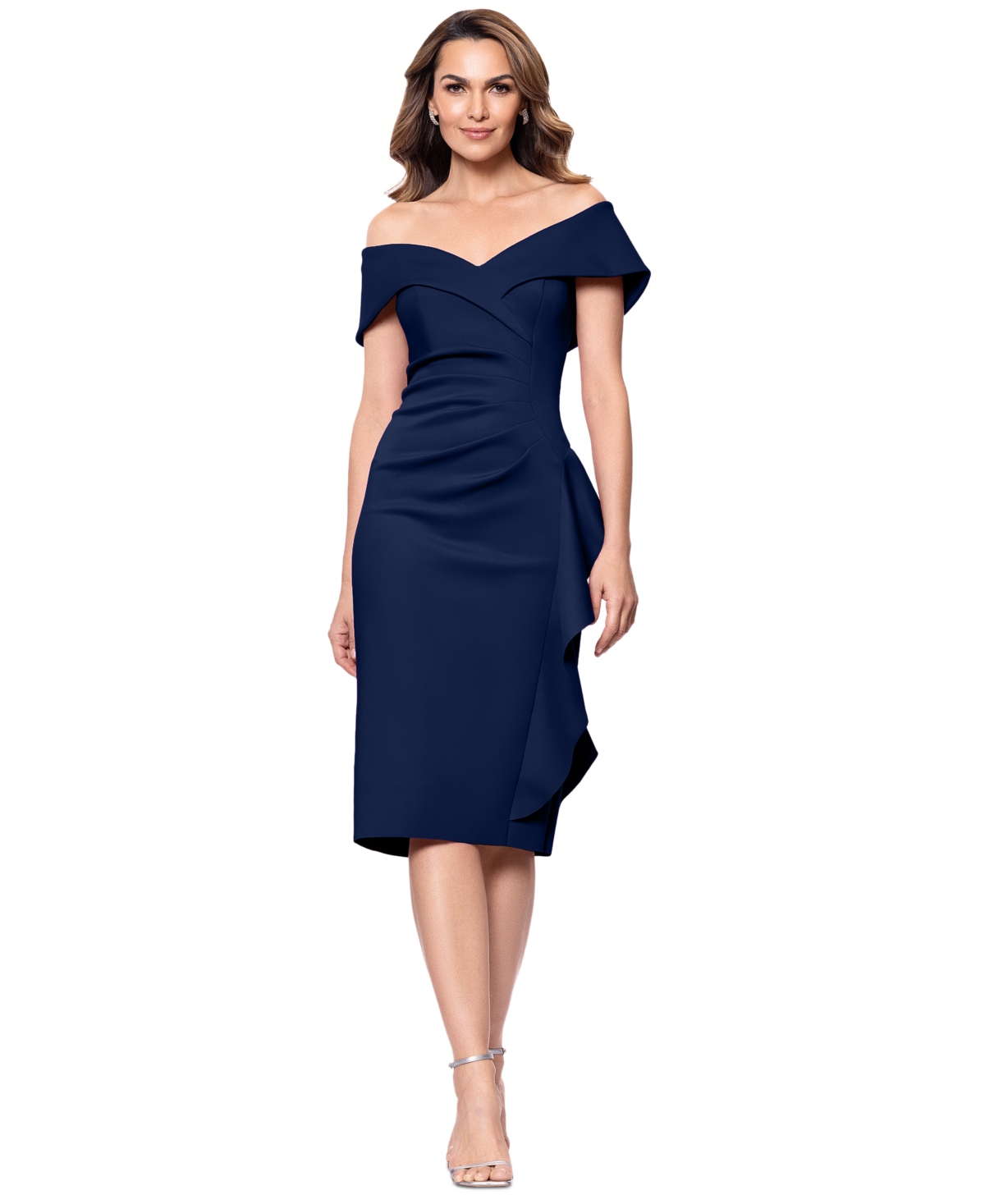 XSCAPE WOMEN'S OFF-THE-SHOULDER DRAPED SCUBA SHEATH DRESS 