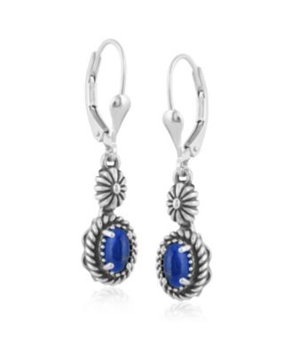 Sterling Silver Lapis Gemstone Floral and Rope Design Dangle Earrings