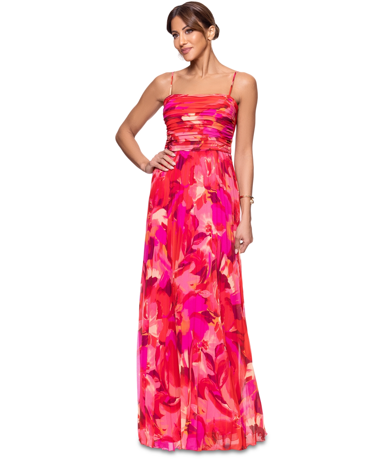 Xscape Petite Chiffon Sleeveless Pleat-front Gown In Fuchsia,coral