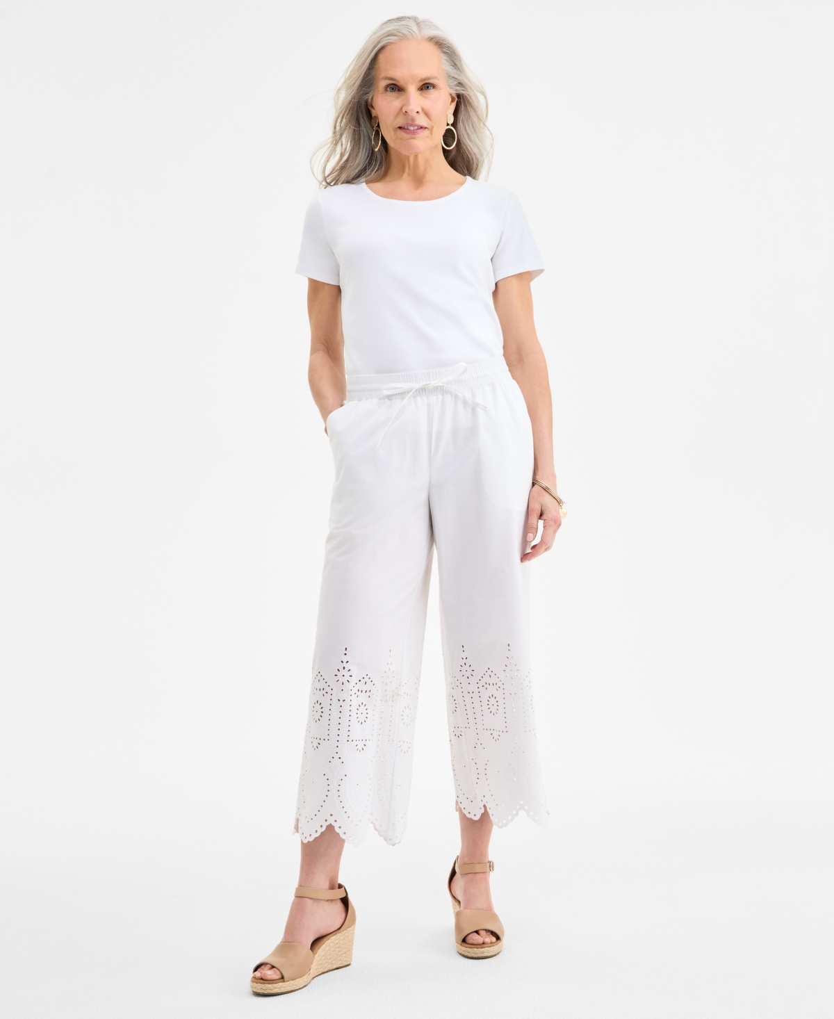 Petite Cotton Eyelet Scalloped Pull-On Pants, Exclusively at Macy's - Bright White