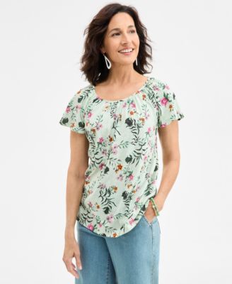 Style & Co - Petite Floating Fauna Flutter-Sleeve Knit Top
