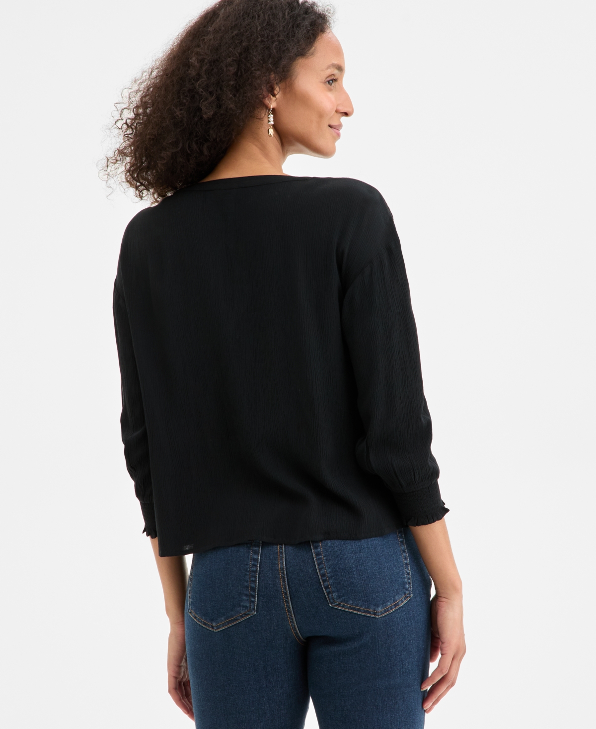 Style & Co Women's Tasseled Split Neck 3/4-sleeve Top, Exclusively At Macy's In Deep Black