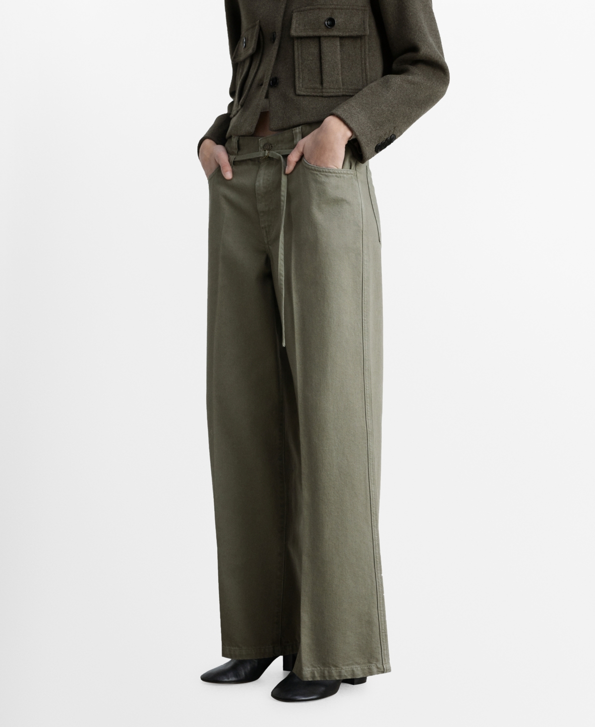 Mango Women's Belt Detail Wide Leg Jeans In Khaki
