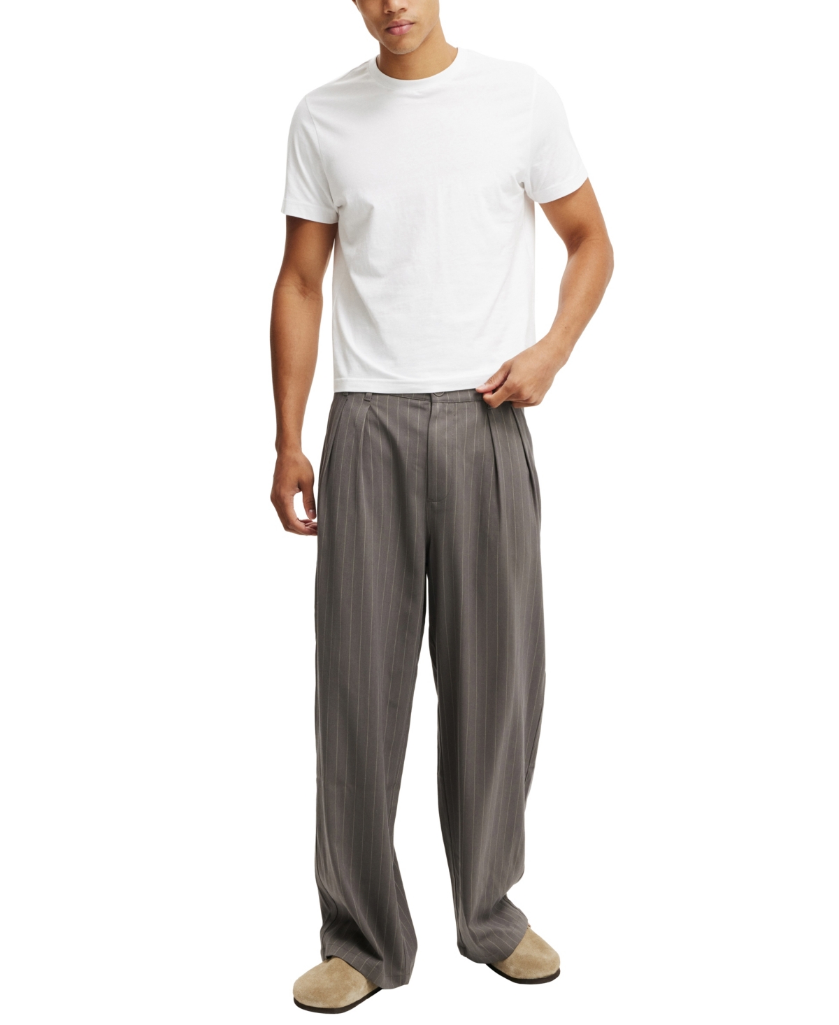 Shop Cotton On Men's Super Baggy Pleated Pants In Charcoal Pinstripe