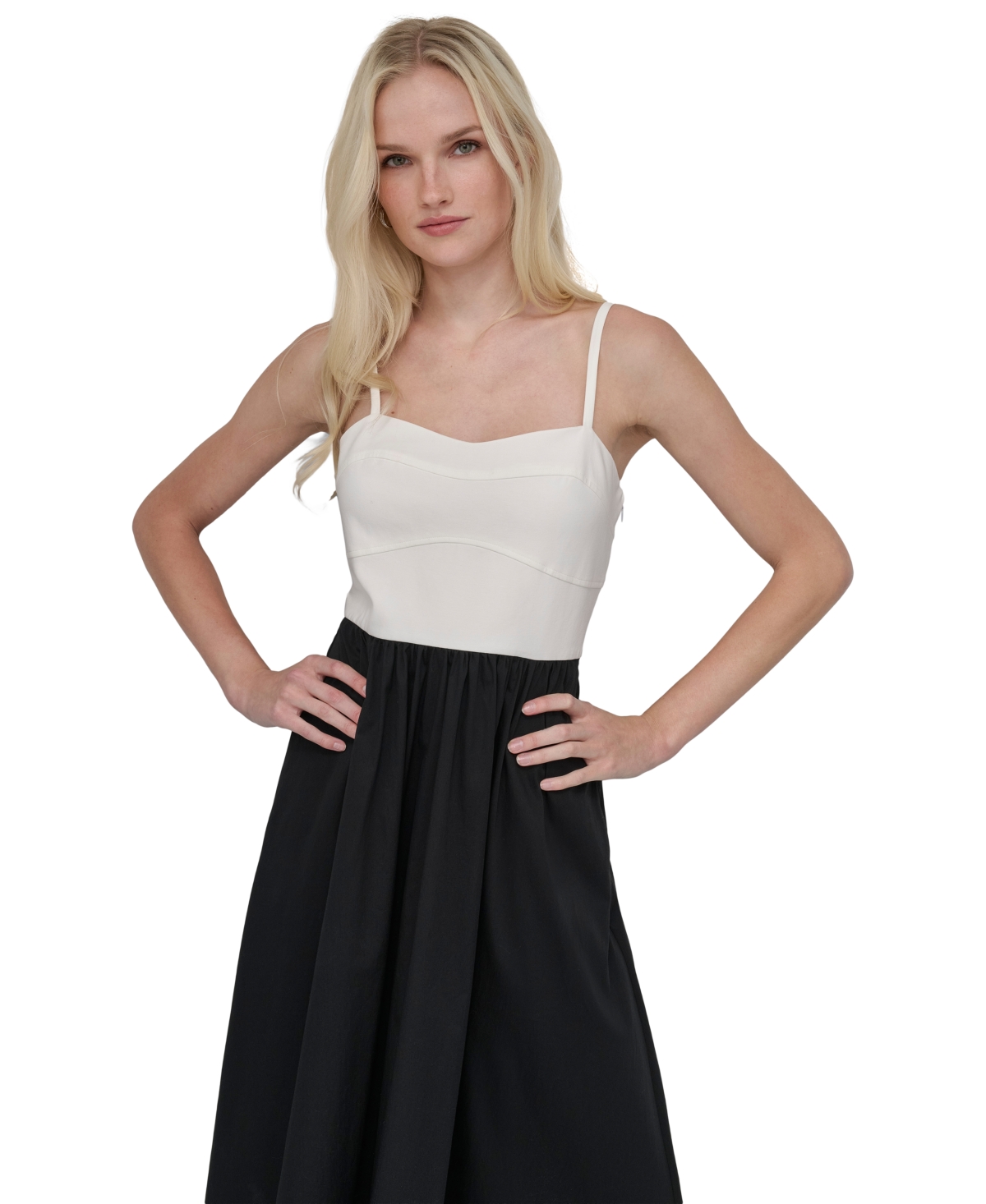 DKNY WOMEN'S COLORBLOCKED BUSTIER SLEEVELESS MIDI DRESS 