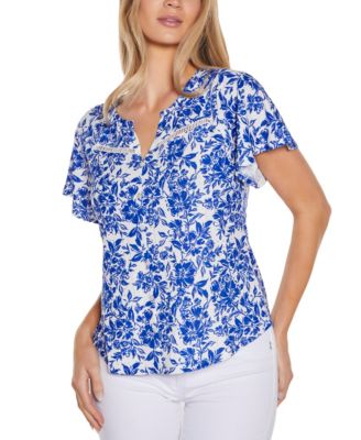 Women's Floral Printed Eyelet Short Sleeve Knit Top