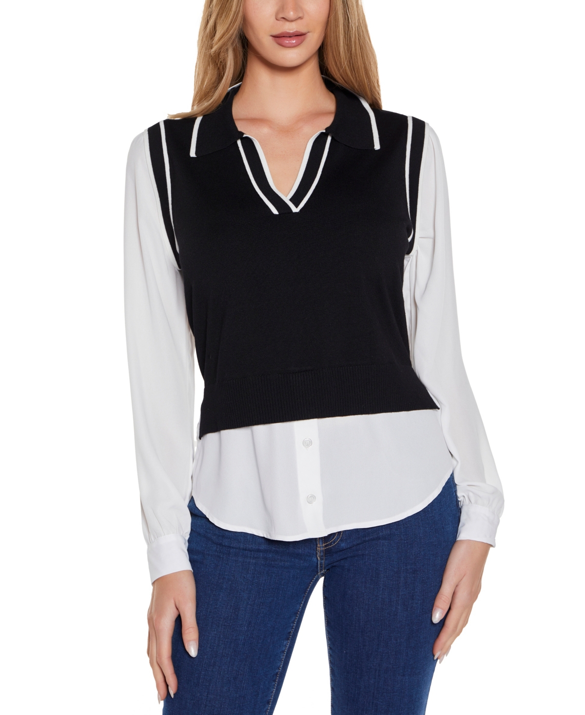 Shop Belldini Women's Collared Two-fer Sweater In Black,white