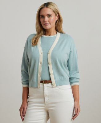 Lauren Ralph Lauren - Plus Size Two-Tone Cotton-Blend Cardigan