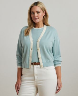 Lauren Ralph Lauren Plus Size Two-Tone Cotton-Blend Cardigan - Macy's
