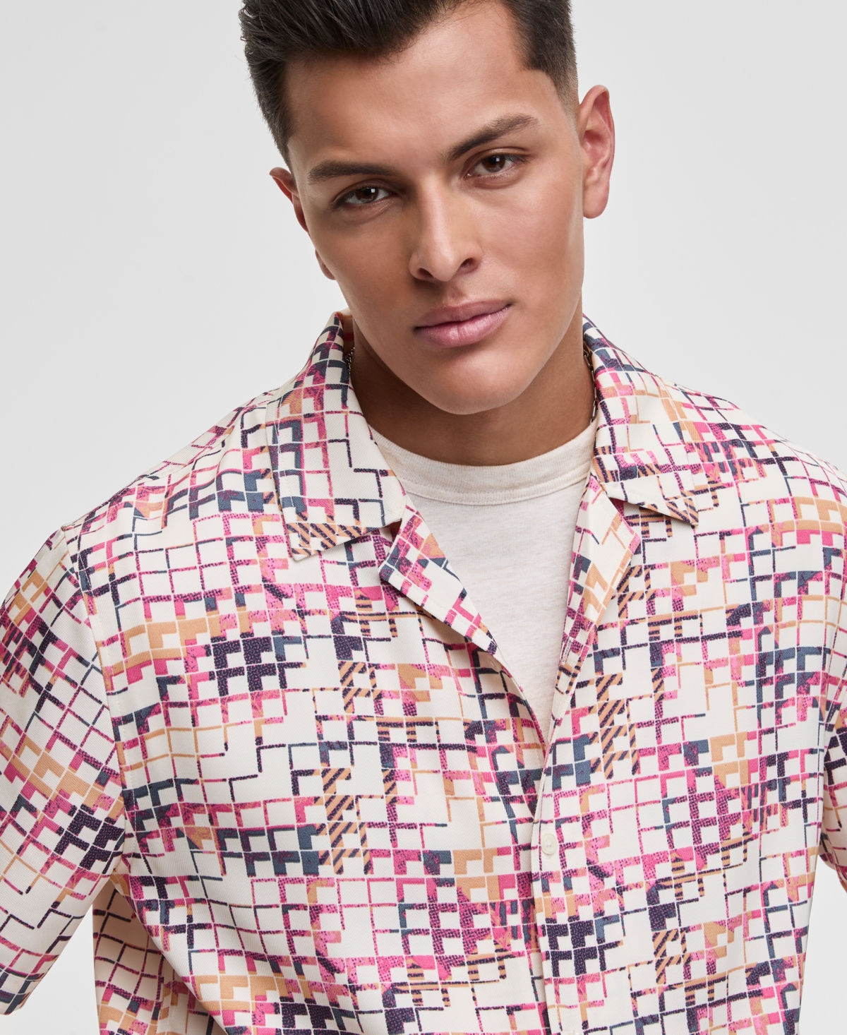 Men's Squared Up Relaxed-Fit Geo-Print Button-Down Shiny Twill Camp Shirt, Exclusively at Macy's - Soft Vanilla